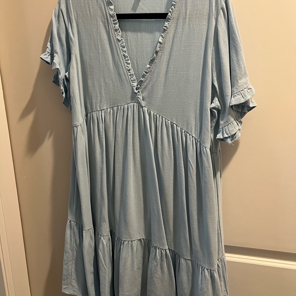 Light Blue Ruffled V-Neck Dress